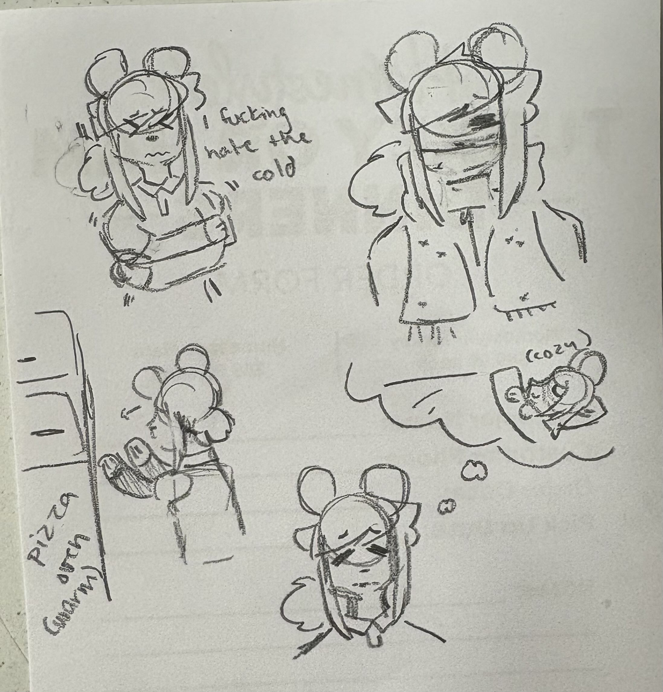 Several Brie doodles complaining about the cold, dreaming of being cozy in bed, and warming her paws by the pizza oven